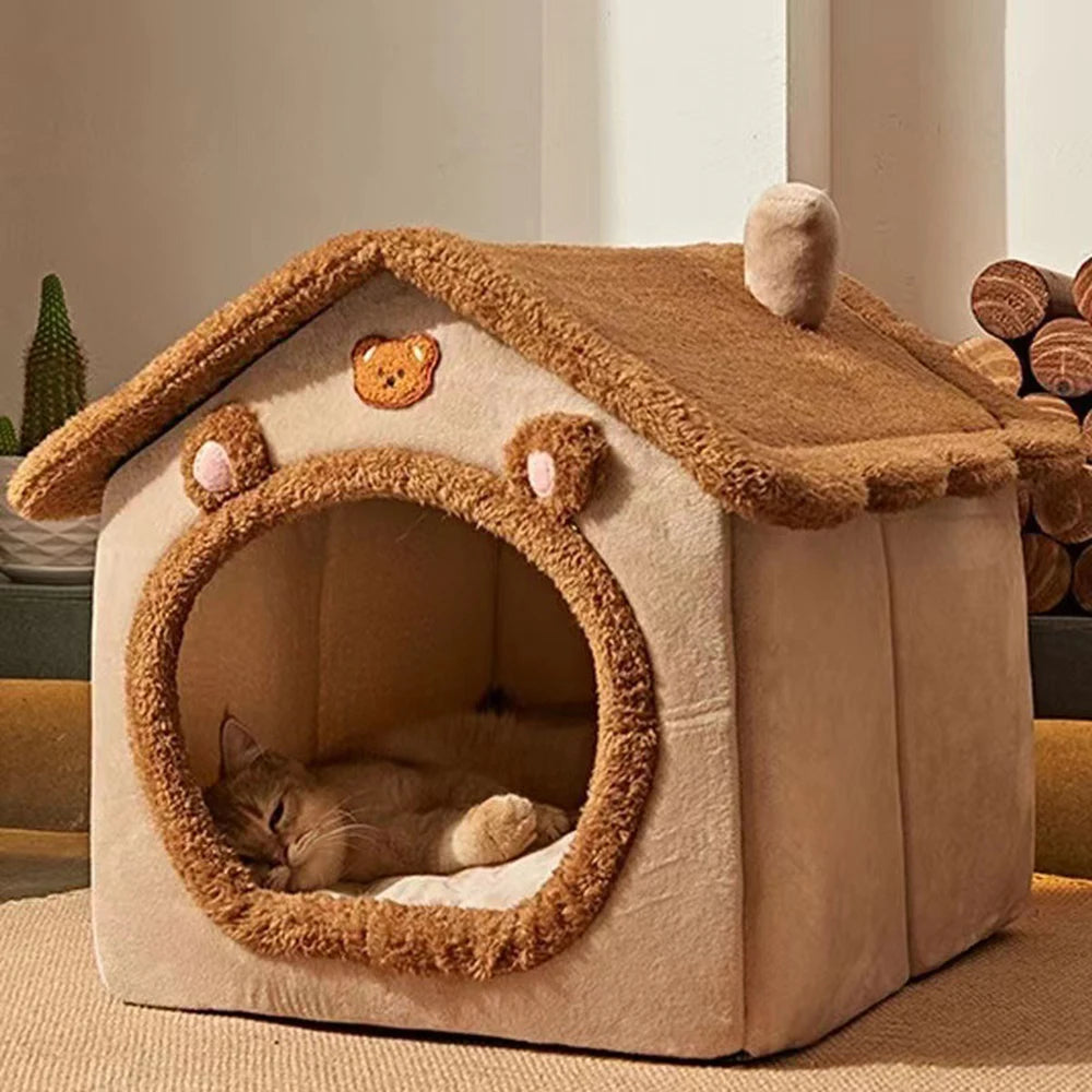 1PC Four Season Universal Enclosed Pet Bed, Wrapped Cat Bed, Dog Bed, Brown Teddy Bear Style Bed